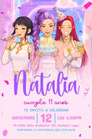 Invitación de Cumpleaños Las Guerreras K-Pop Editable Estilo Anime