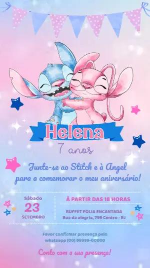 Convite Aniversário Stitch e Angel Fofo para Editar Online