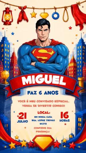 Convite de Aniversário Superman Quadrinhos Editável