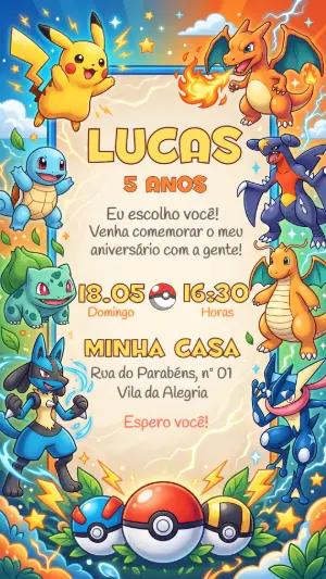 Convite de Aniversário Pokémon Colorido para Editar