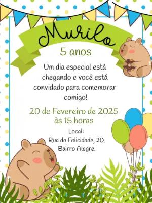 Convite de Aniversário Capivara Fofa para Editar Online
