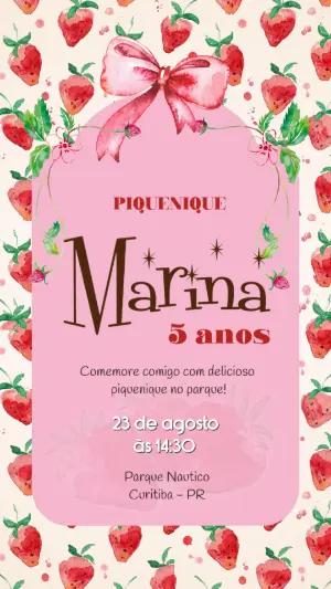 Convite de Aniversário Piquenique Morango Aquarela Editável