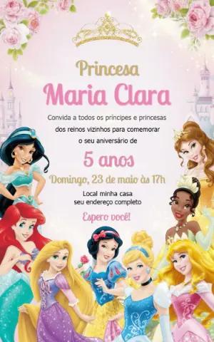Convite de Aniversário Princesas Disney Rosa e Dourado Editável