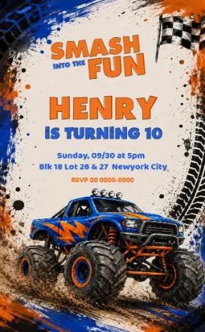 Monster Truck Birthday Invitation Editable Template