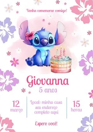 Convite de Aniversário Stitch Fofo Aquarela para Editar Online