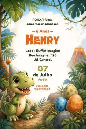 Convite de Aniversário Dinossauro Fofo para Editar