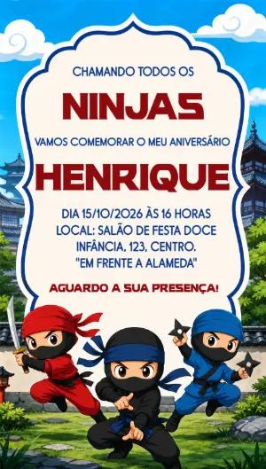 Convite de Aniversário Ninja Infantil para Editar Online