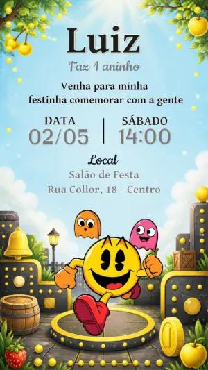 Convite de Aniversário Pac-Man Editável para Festa Infantil