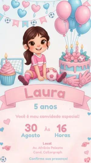 Convite de Aniversário Futebol Feminino Rosa e Azul Editável
