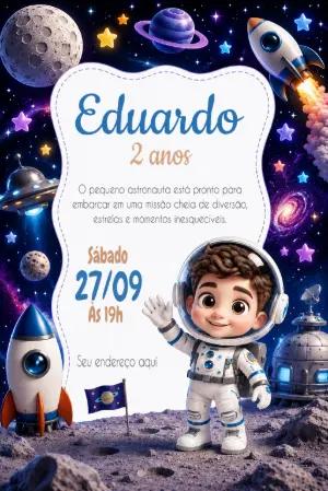 Convite de Aniversário Astronauta Infantil Fofo para Editar