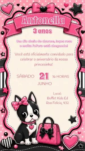 Convite Digital Aniversário Cachorrinha Pet Rosa e Preto Editável