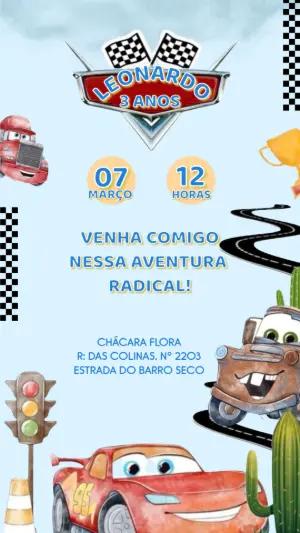 Convite de Aniversário Carros Infantil Modelo Digital para Editar