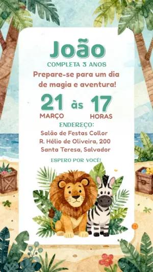 Convite de Aniversário Infantil Safari Aquarela para Editar