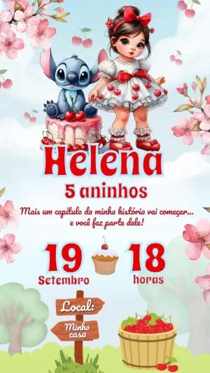 Convite de Aniversário Stitch e Cerejas Modelo Editável