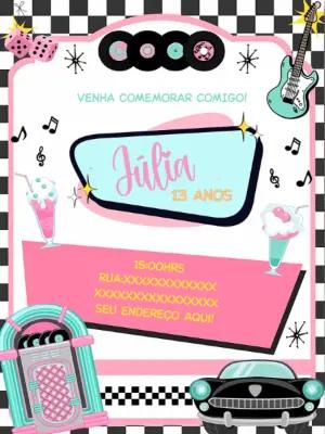 Convite Aniversário Retrô Anos 50 com Jukebox para Editar