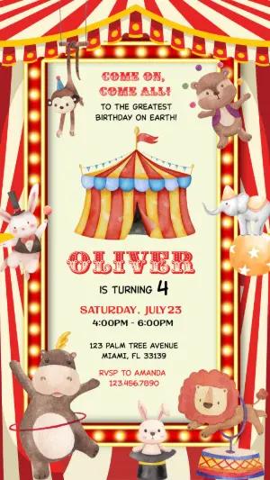 Cute Circus Animals Birthday Party Invite Template
