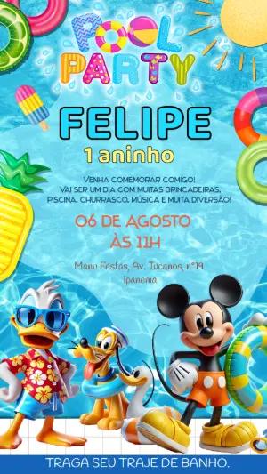 Convite de Aniversário Festa na Piscina Mickey e Amigos para editar