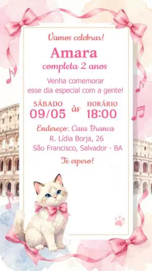 Convite de Aniversário Gatinha Aquarela Rosa para Editar
