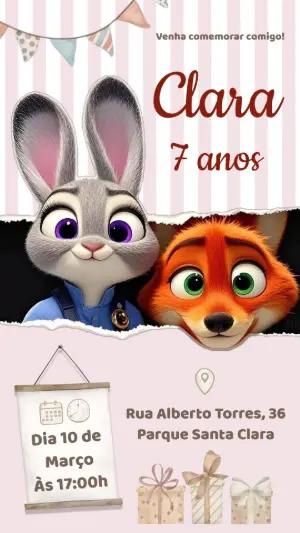 Convite de Aniversário Zootopia Editável com Judy e Nick
