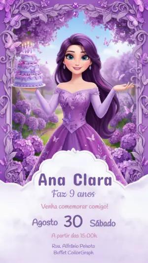 Convite de Aniversário Princesa Lilás e Borboletas para Editar