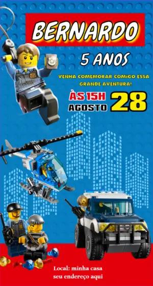 Convite de Aniversário Lego City com Policiais para Editar Online