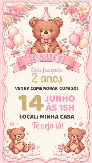 Convite de Aniversário Ursinha Rosa Fofo para Editar