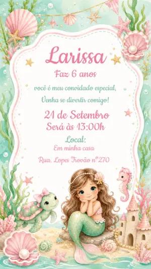 Convite Digital Aniversário Sereia e Fundo do Mar Editável