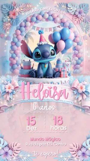 Convite Animado de Aniversário Stitch Pastel para Editar