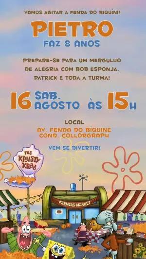 Convite Aniversário Bob Esponja e Turma para Editar Online