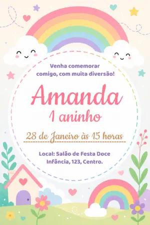 Convite de Aniversário Arco-íris Fofo Modelo Editável