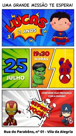 Convite de Aniversário Super-Heróis Estilo Gibi Editável