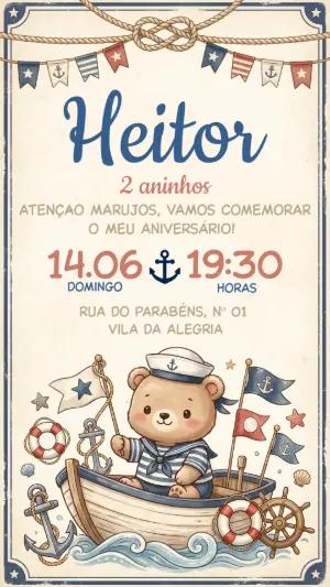 Convite de Aniversário Ursinho Marinheiro Vintage Editável