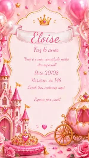 Convite Aniversário Princesa Rosa | Modelo Digital para Editar