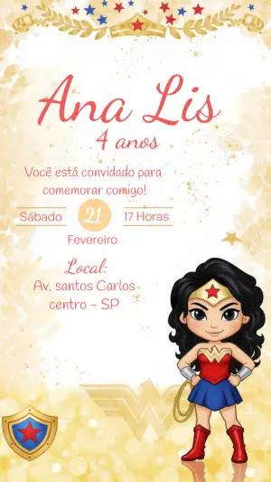 Convite Digital Mulher-Maravilha Infantil Modelo Editável