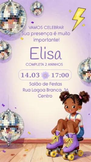 Convite de Aniversário Infantil Disco Patins Roxo Editável