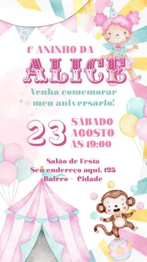 Convite Aniversário Circo Aquarela para Editar Online