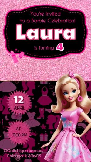 Editable Barbie Birthday Invitation with Pink Glitter