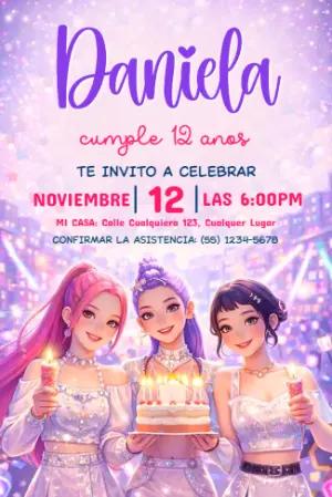 Invitación de Cumpleaños Las Guerreras K-Pop para Editar