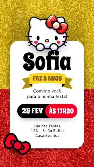Convite Aniversário Hello Kitty com Glitter para Editar Online