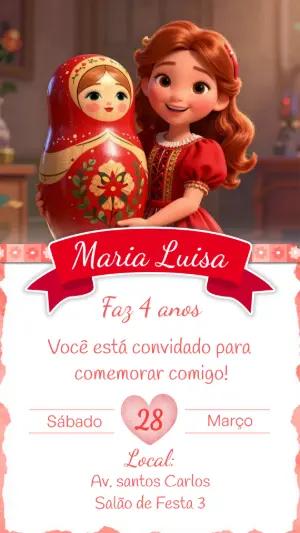 Convite de Aniversário Infantil Boneca Russa para Editar