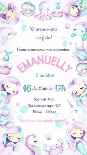 Convite de Aniversário Sereia Fofa Fundo do Mar Editável