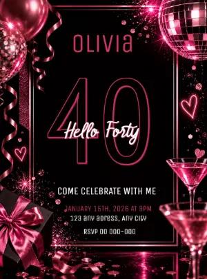 Editable Hello Forty Neon Pink Birthday Invitation