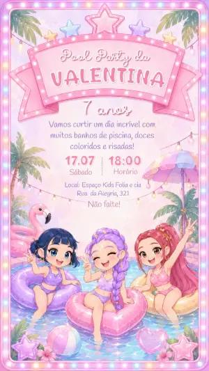 Convite Guerreiras K-pop Pool Party Editável para Aniversário