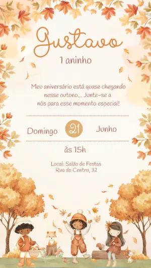 Convite Digital Aniversário Tema Outono Fofo Editável