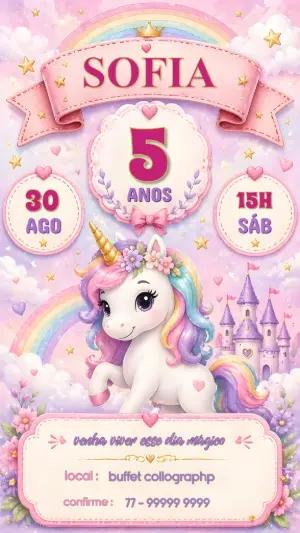 Convite de Aniversário Unicórnio Mágico Editável