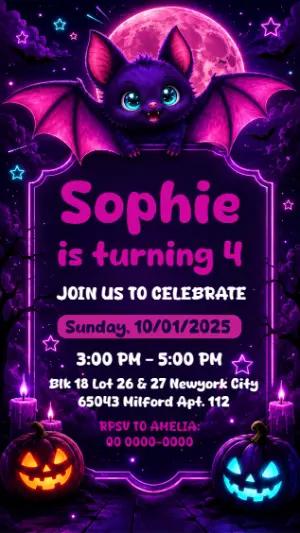 Cute Bat Halloween Birthday Party Editable Invitation