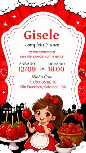 Convite de Aniversário Maçã do Amor e Morango Editável