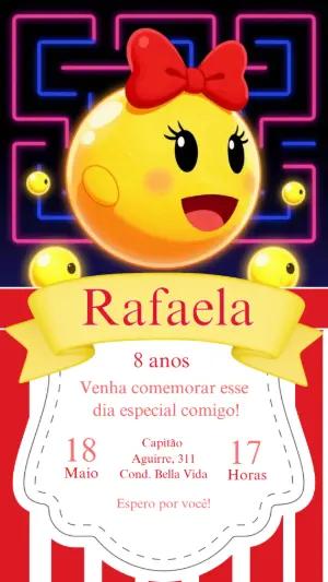 Convite Aniversário Menina Pacman Retrô Editável
