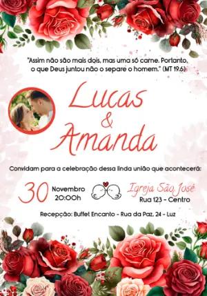 Convite de Casamento com Flores Vermelhas e Foto para Editar