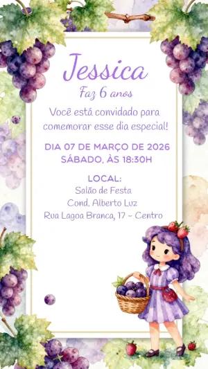 Convite Digital Aniversário Infantil Tema Uva para Editar